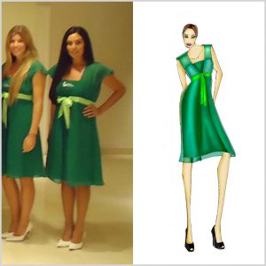 Bapro</br>Conjunto compuesto por vestido de gasa y lazo de raso superpuesto sobre
vestido strapless de modal, todo en tonos verdes.