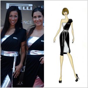 Pirelli</br>Vestido de seda fría drapeado negro superpuesto sobre vestido strapless de transfer plateado con faja al tono. Logo bordado de lurex plateado.