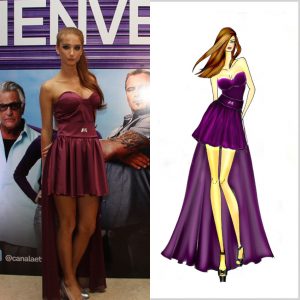 Vestido strapless de satén elastizado color vino con cola de muselina al tono.